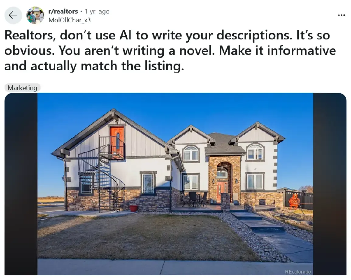 Reddit post on AI usage in real estate listings.