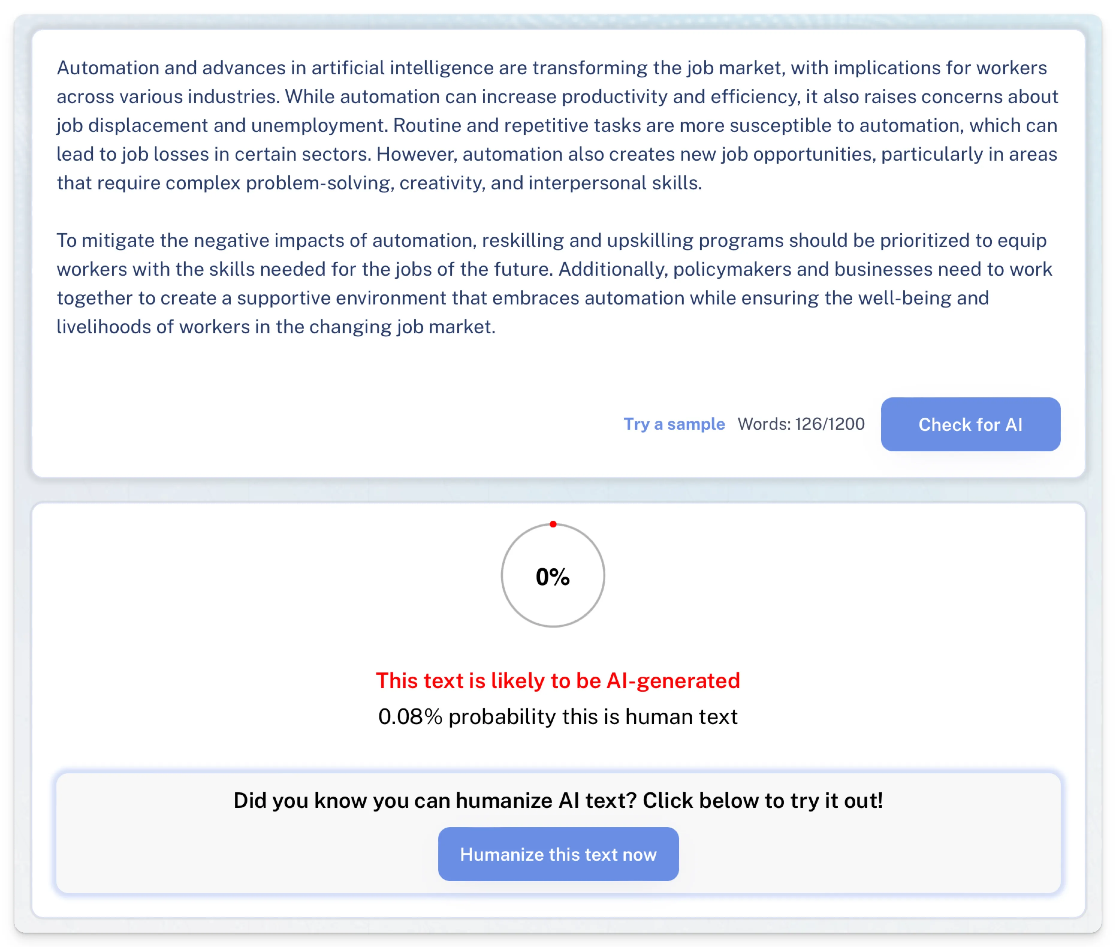 WriteHuman user interface of AI detector detecting human writing with a human score.