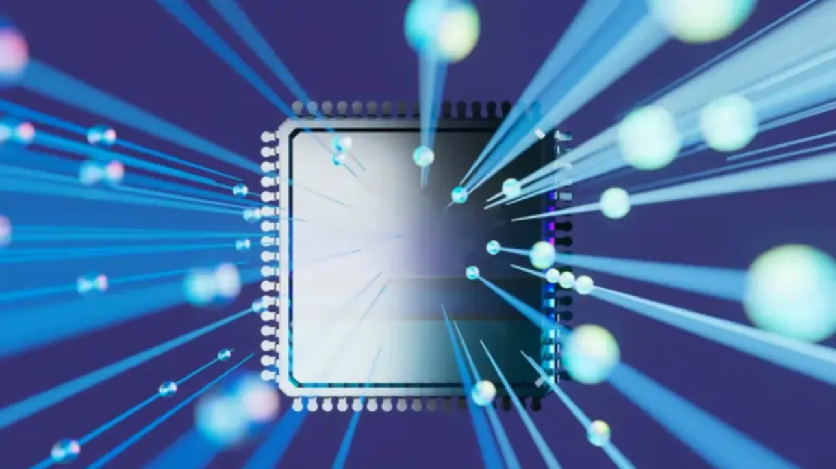 Abstract illustration of a microchip processing streams of digital data.