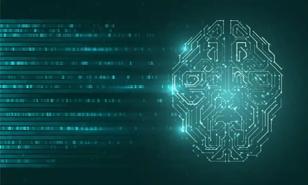 Digital illustration of a neural network brain with flowing data streams.