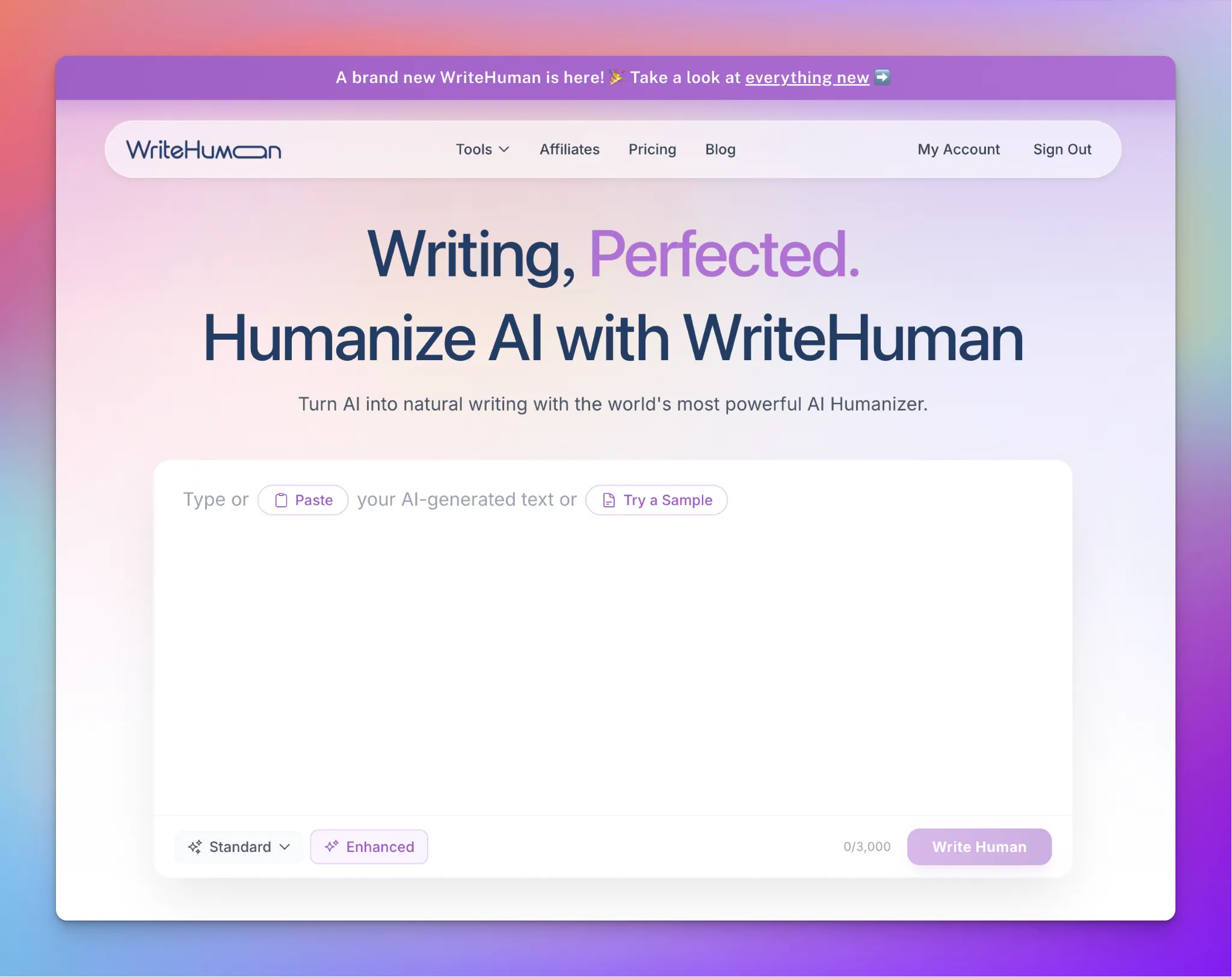 The redesigned WriteHuman homepage featuring the AI humanizer tool.
