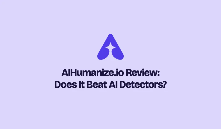 The AIHumanize.io 'A' mark above the headline 'AIHumanize.io Review: Does It Beat AI Detectors?' in dark indigo on a lavender background.
