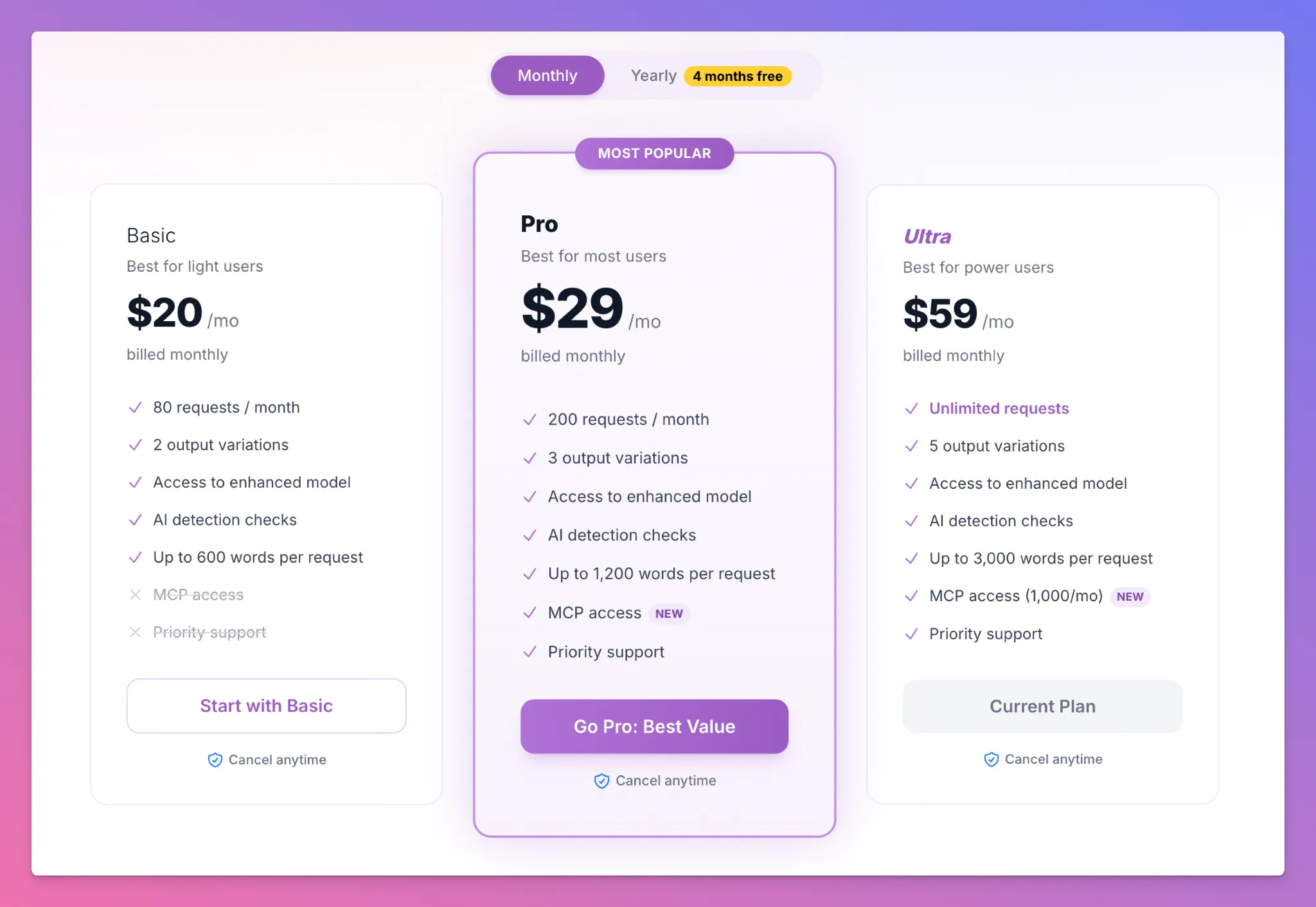 Screenshot of writehuman.ai monthly pricing