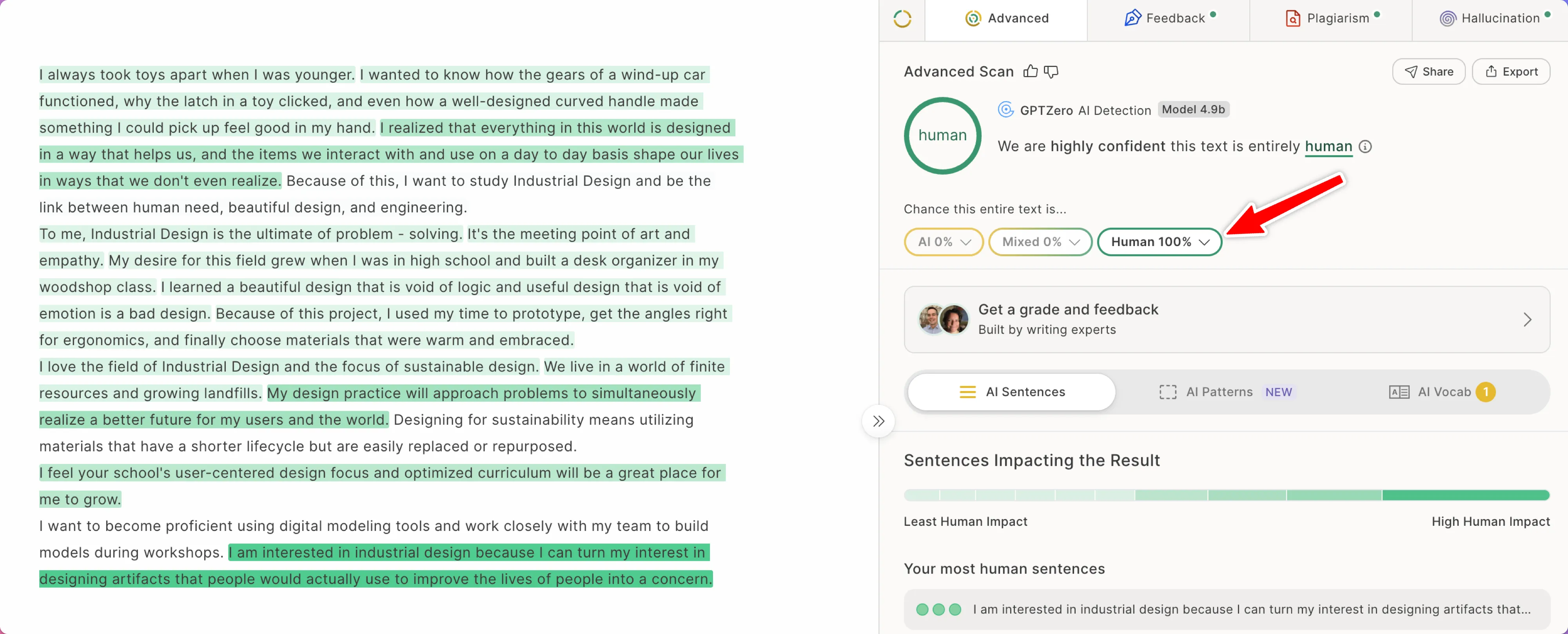 Screenshot of writehuman.ai output scoring 100% human on GPTZero AI detector