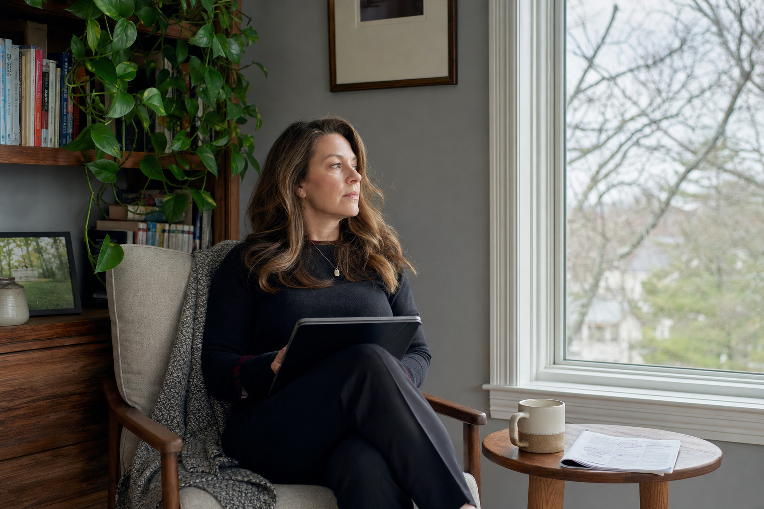 Woman sitting in an armchair with a tablet on her lap, looking out a large window beside a bookshelf filled with books and trailing green plants.
