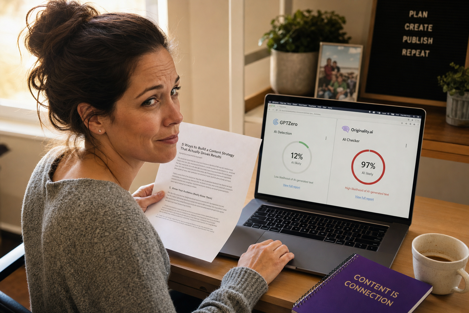 Woman at a desk holding a printed article while comparing conflicting AI detection results on a laptop, with GPTZero showing 12% AI likely and Originality.ai showing 97% AI likely.